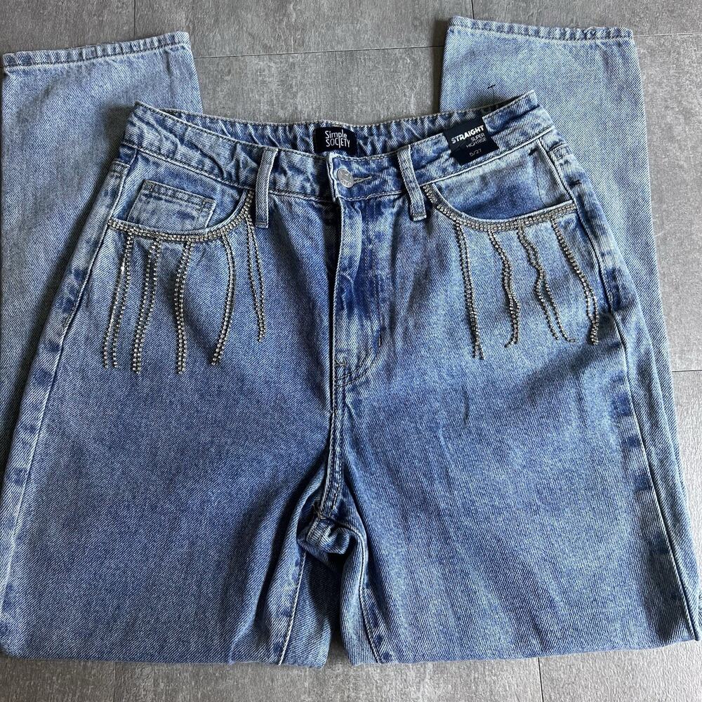 Simple Society Women’s Light Wash Embellished Straight Leg Hi Rise Jeans Size 5
